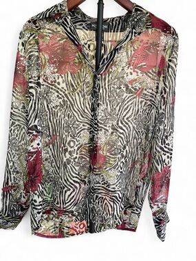 Notations Sheer Zebra Floral Button Front Blouse Mesh Long Sleeve Size Medium